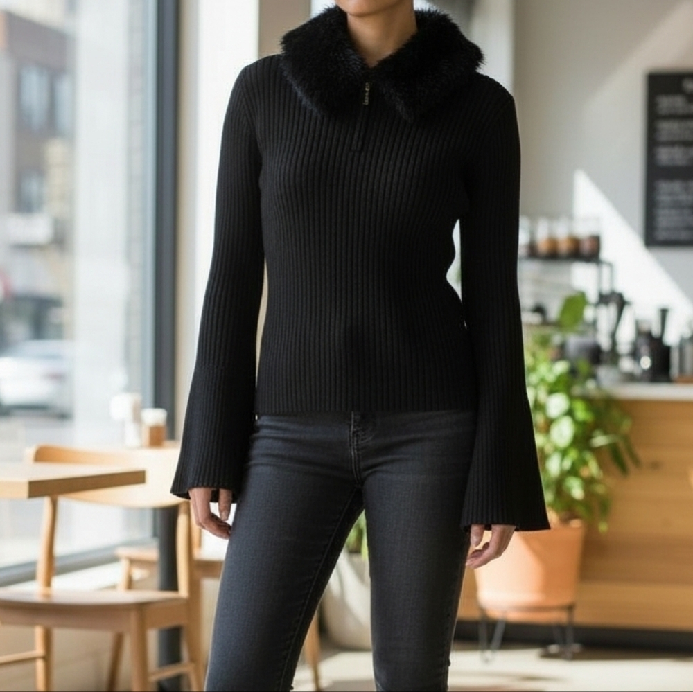 MM By Michelle Bell 1/4 Zip Faux Fur Collar Sweater W